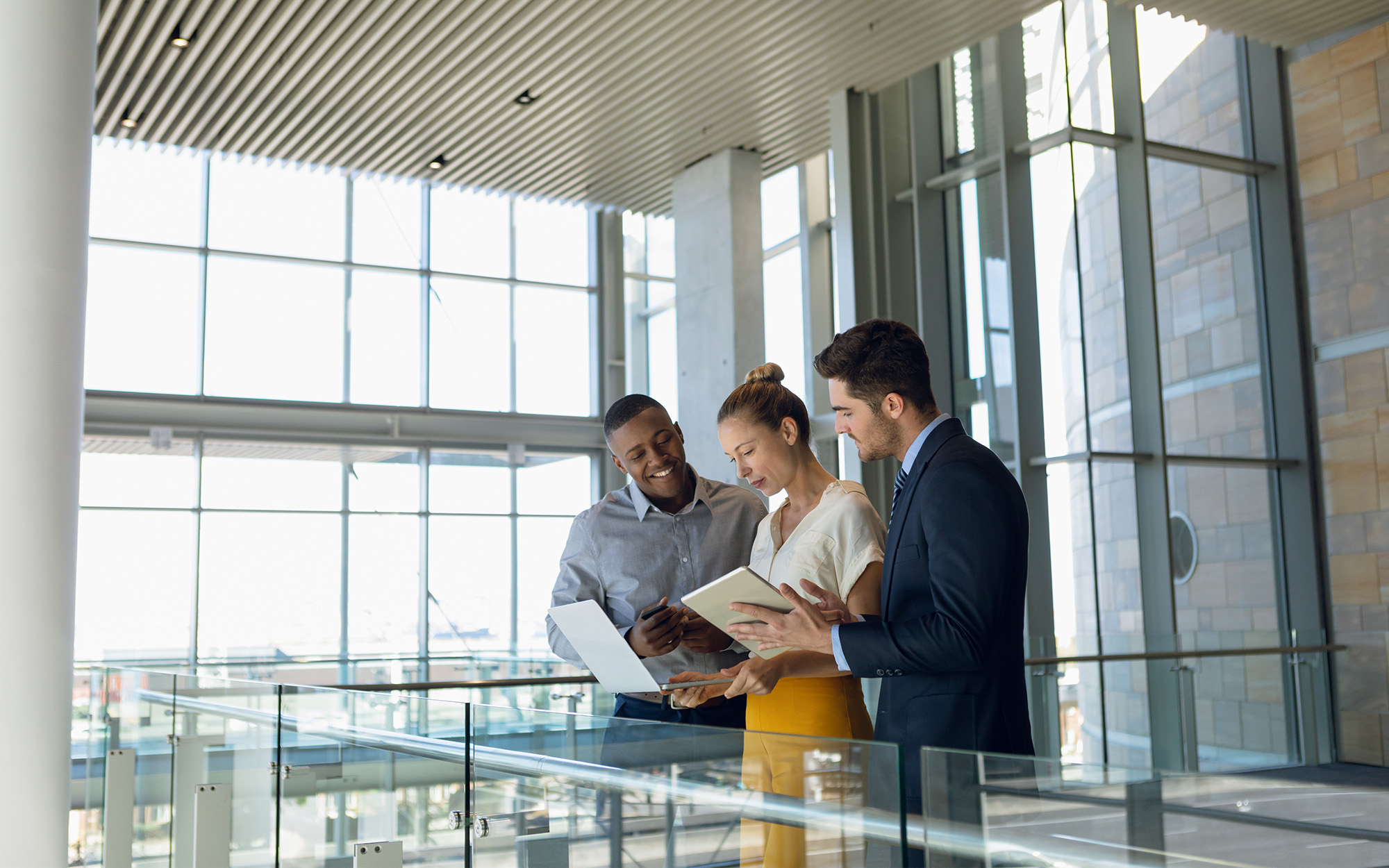 Business Colleagues Standing In Modern Office Lobby Using Computers
